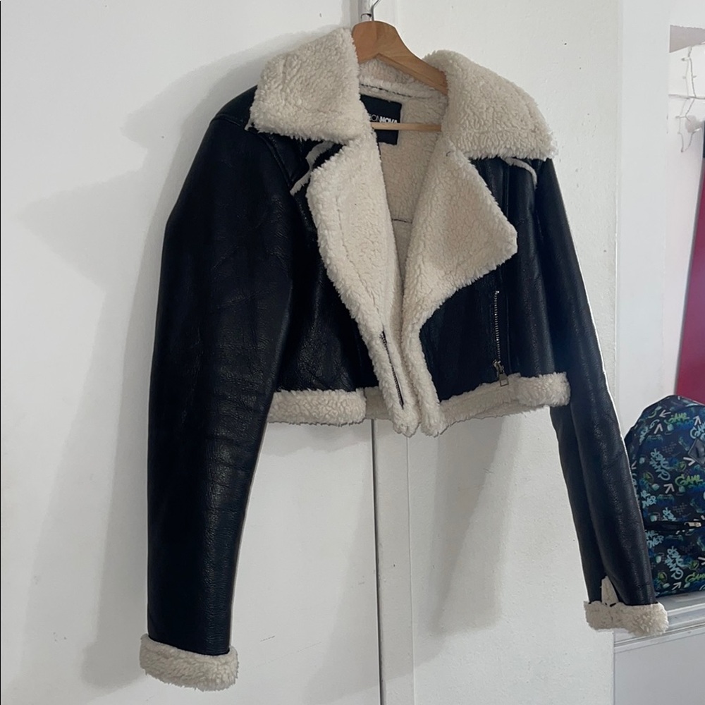 Fashion Nova Black and Cream Leather Moto Jacket